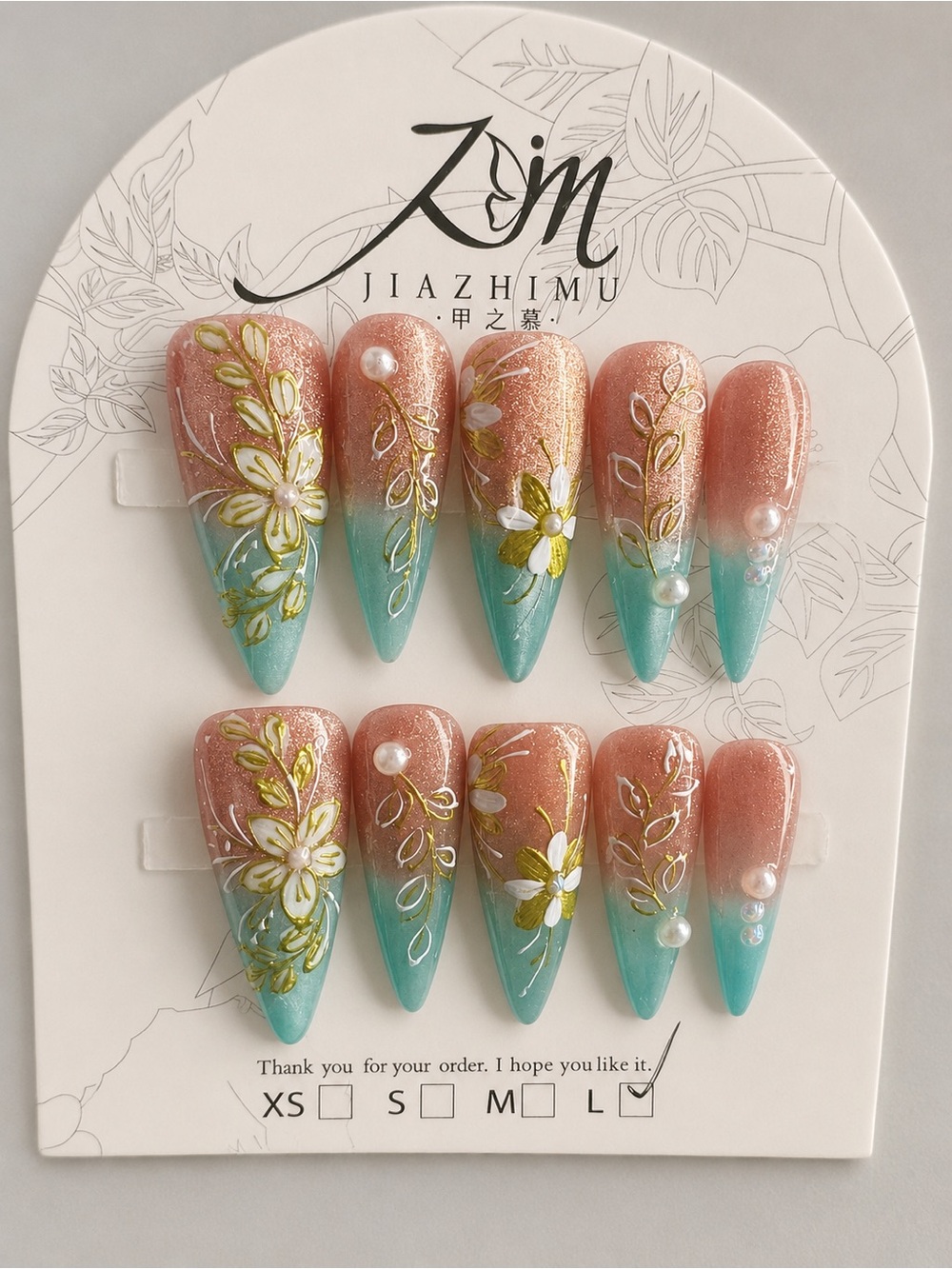 Luxurious Floral Pink & Teal Stiletto Press-On Nails REUSABLE